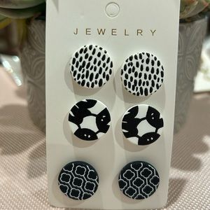 Set of 3 Black and White Circle Clay Stud Earrings